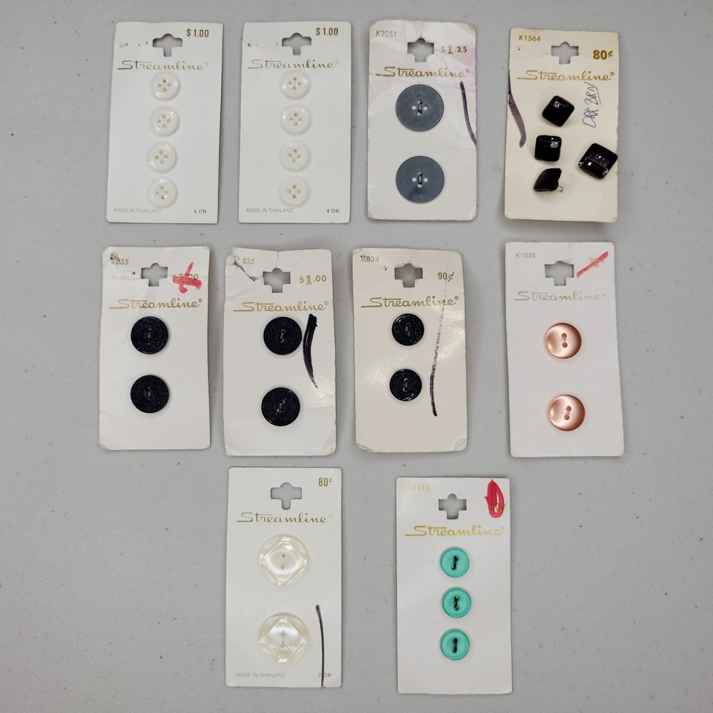 Vintage Streamline Buttons Lot 10 Cards ~ Navy White Aqua Brown Peach‎